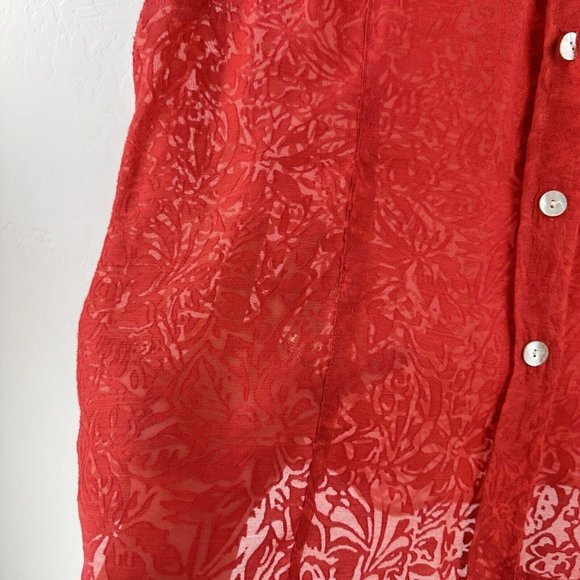 Chicos Camp Button Shirt Womens L‎ Burn out Semi Sheer Coral Red 2 Linen Blend - Picture 3 of 6